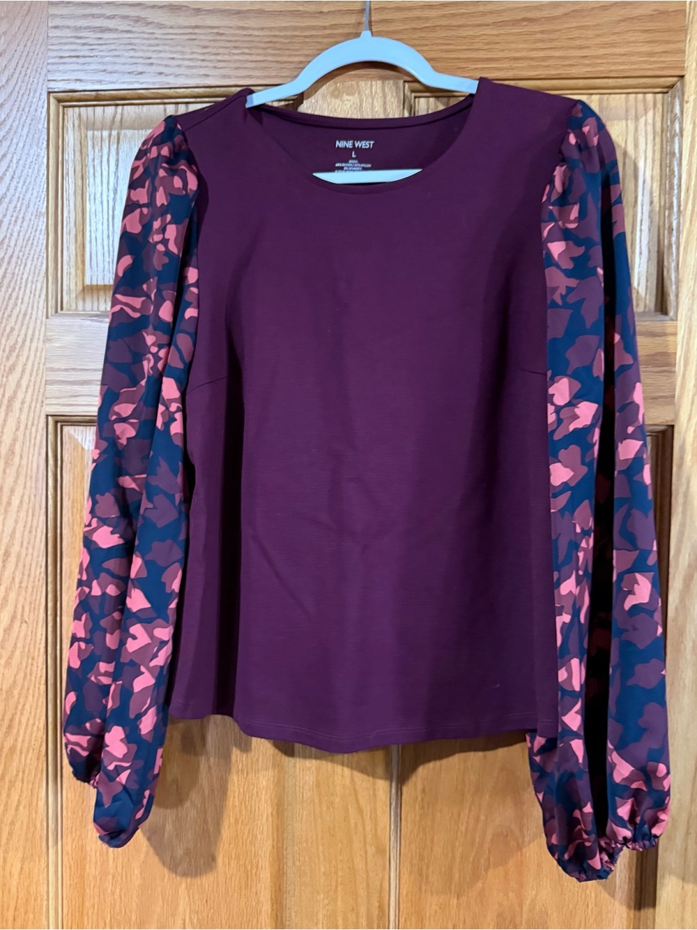 Nine West Maroon Top with Pink Patterned Balloon Sleeves